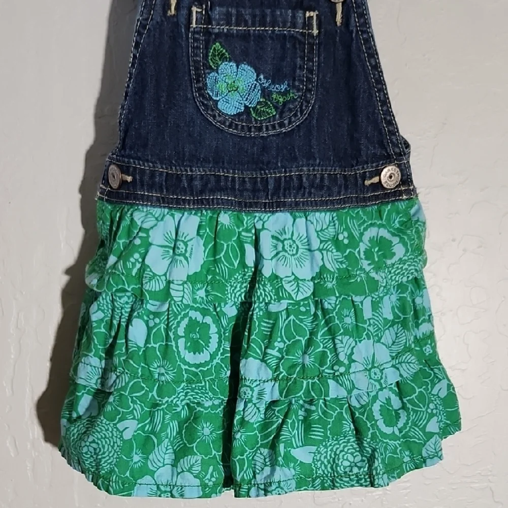 OSHKOSH Jean and  Green Floral Fabric Kids Overalls Dress 2T